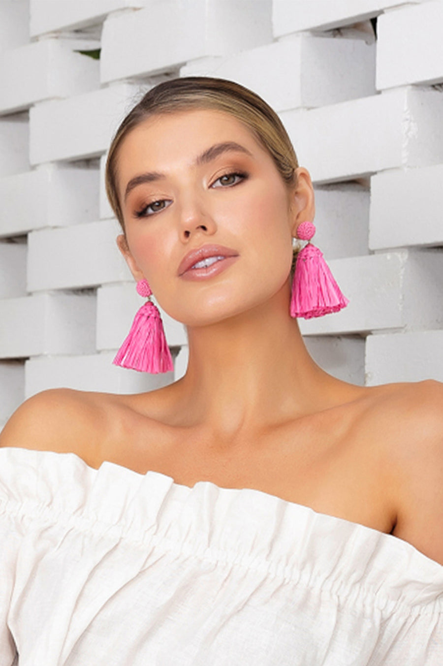 Kami Bead Top Raffia Tassel Earrings (Pink)