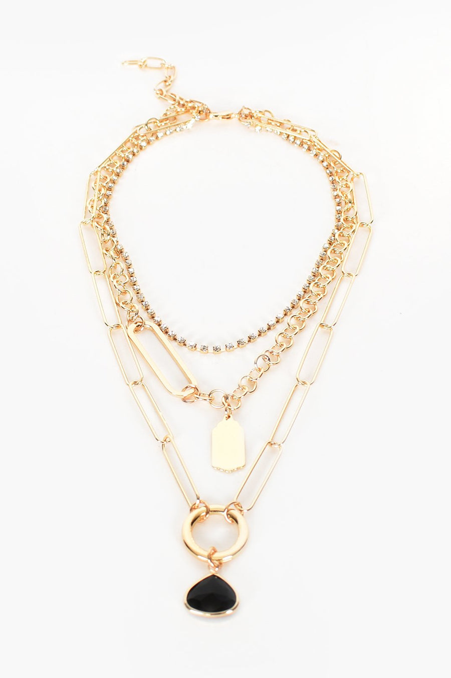 Glass Pendant Drop Layered Necklace (Black/Gold)