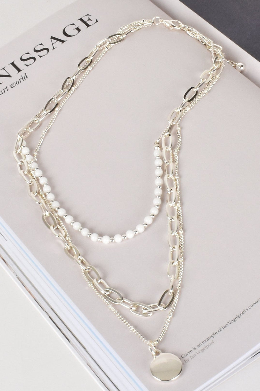Layered Chain Stone Necklace (White/Silver)