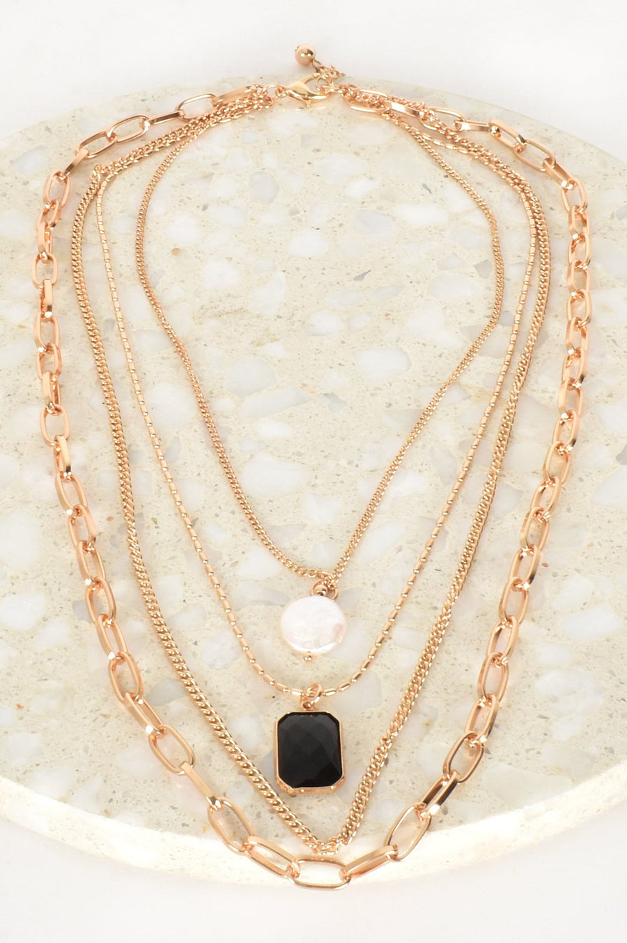 LAYERED CHAIN STONE PENDANT DROP NECKLACE
